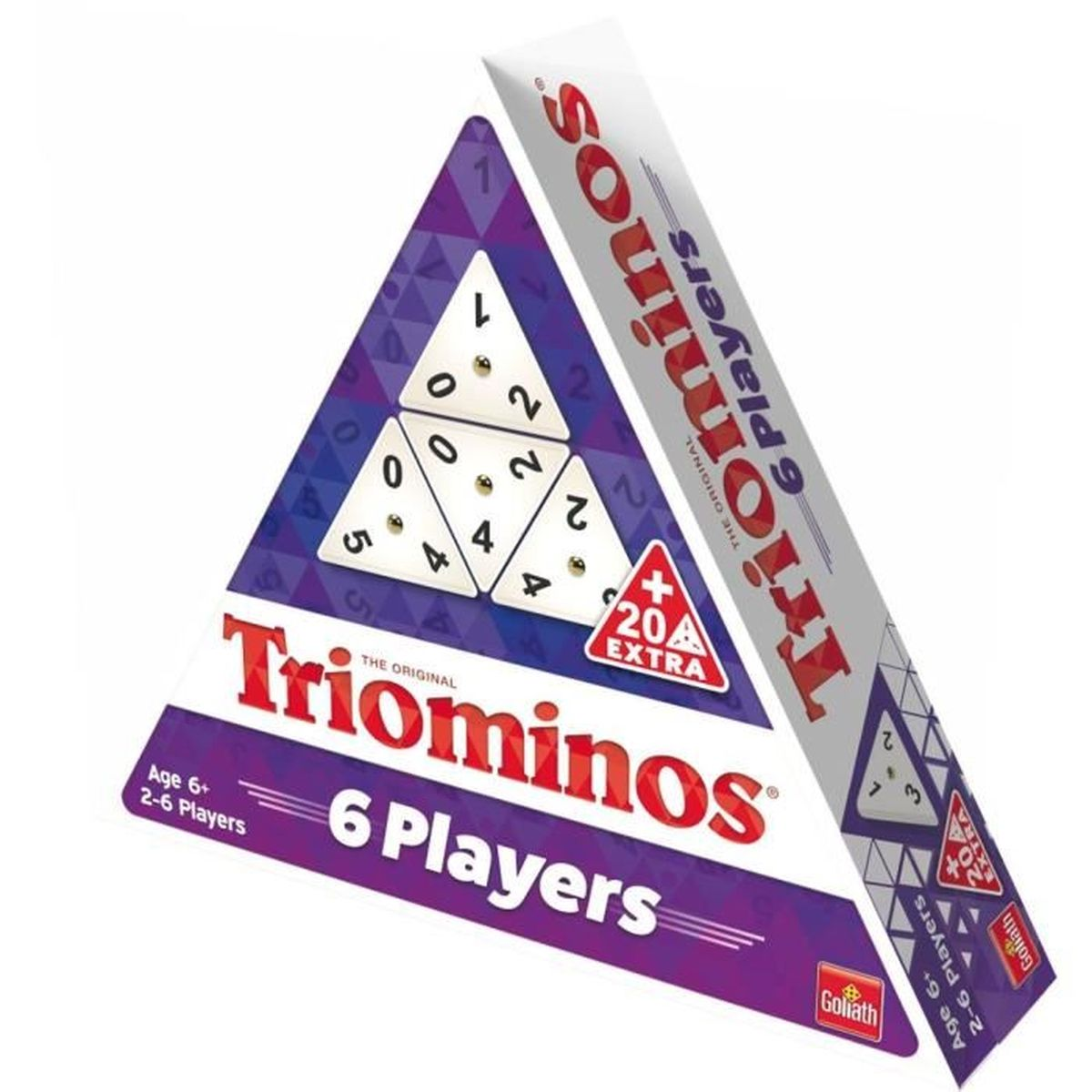 Una scatola triangolare del gioco Triominos. Ha il nome del gioco e il numero di giocatori. I colori bianco e rosso dominano la scatola.