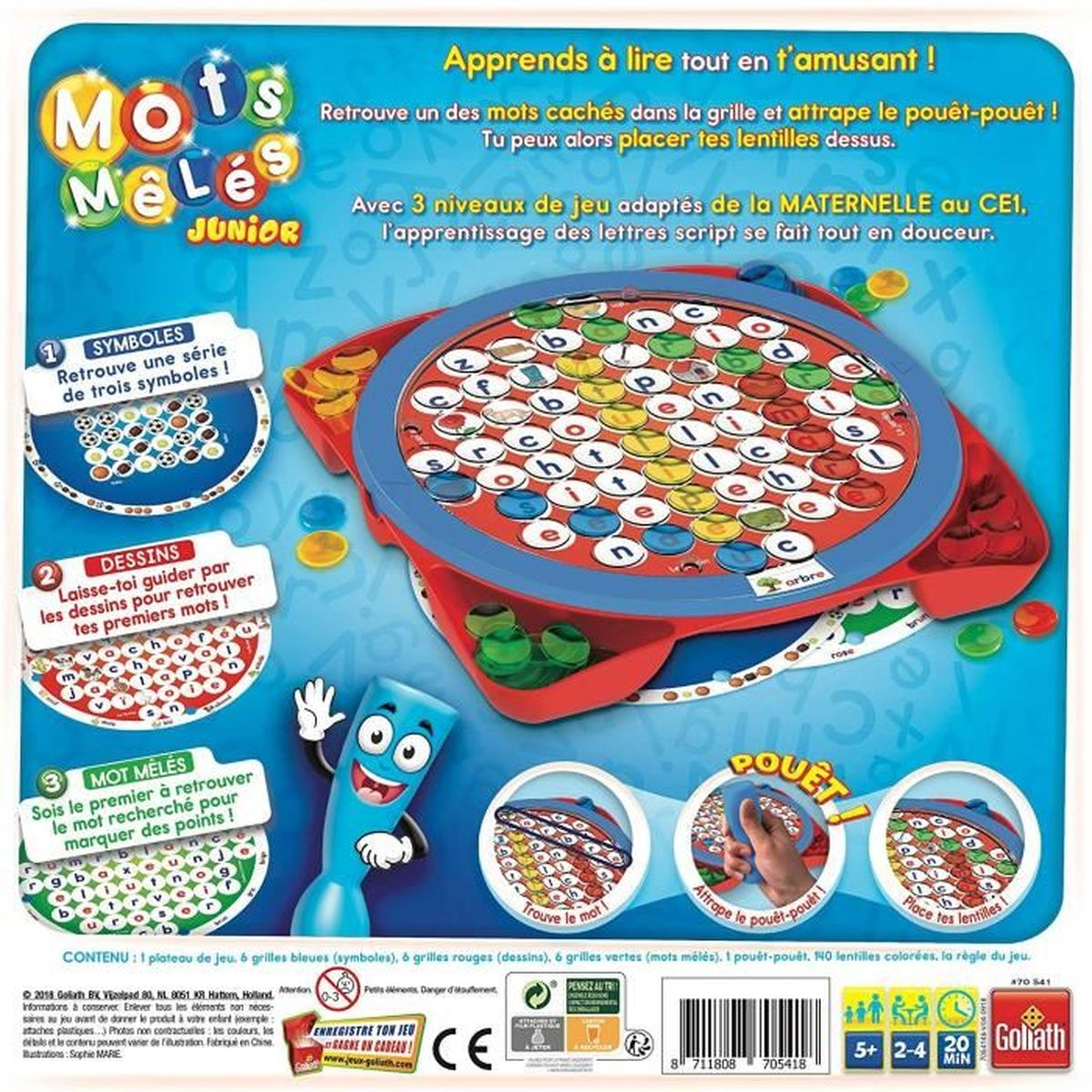 Eine Spielbox mit einem bunten Spielbrett, Buchstaben und Zubehör. Blauer Cartoon-Charakter winkt.
