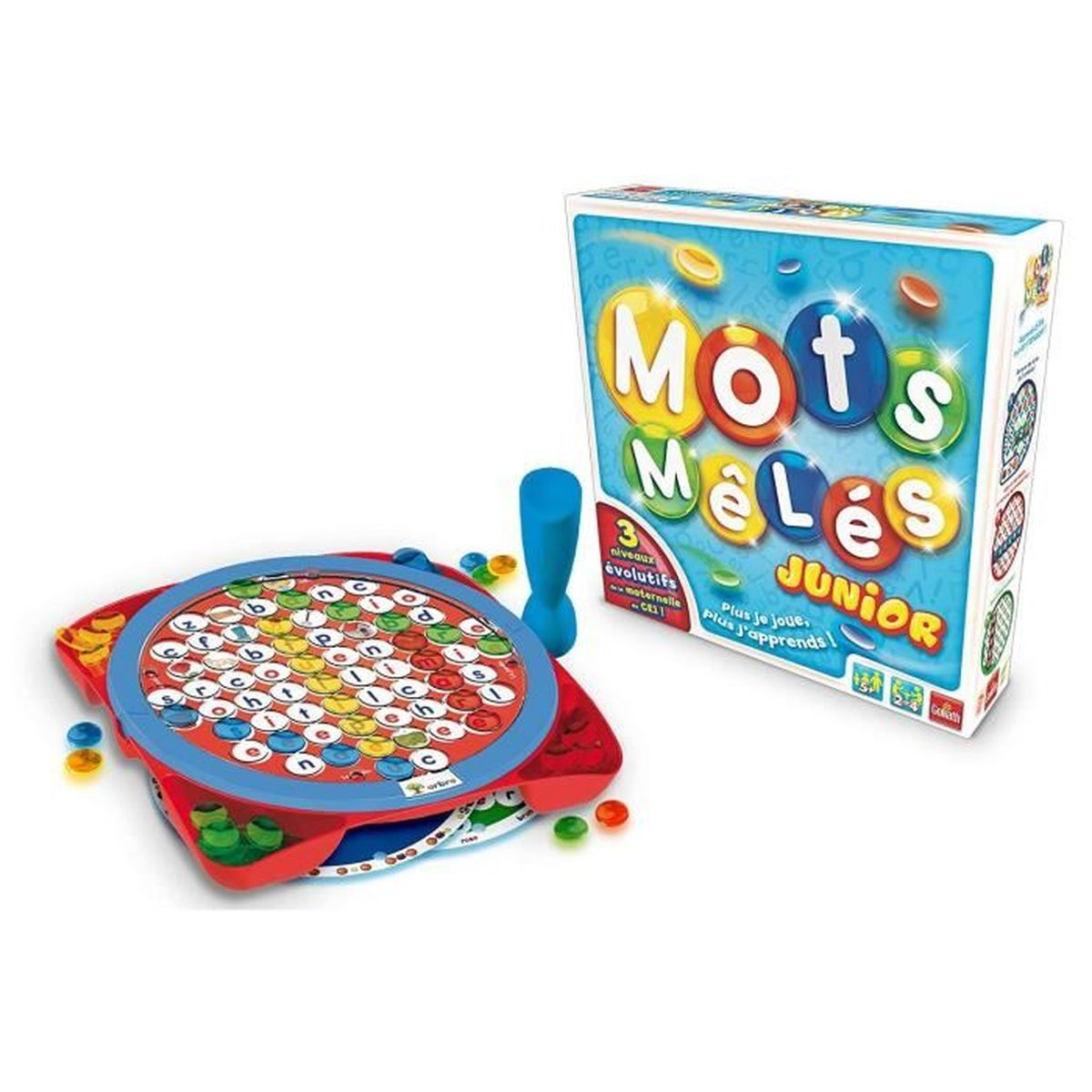 Ein Kinderspiel mit Wortsuche. Enthält ein Spielbrett, Buchstabenplättchen und eine Box mit dem Spieletitel 'Mots Mêlés Junior'.