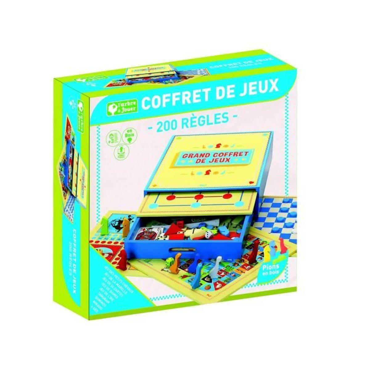 Een speldoos met het label 'COFFRET DE JEUX' met spelstukken en een lade. De doos is groen, geel en blauw.