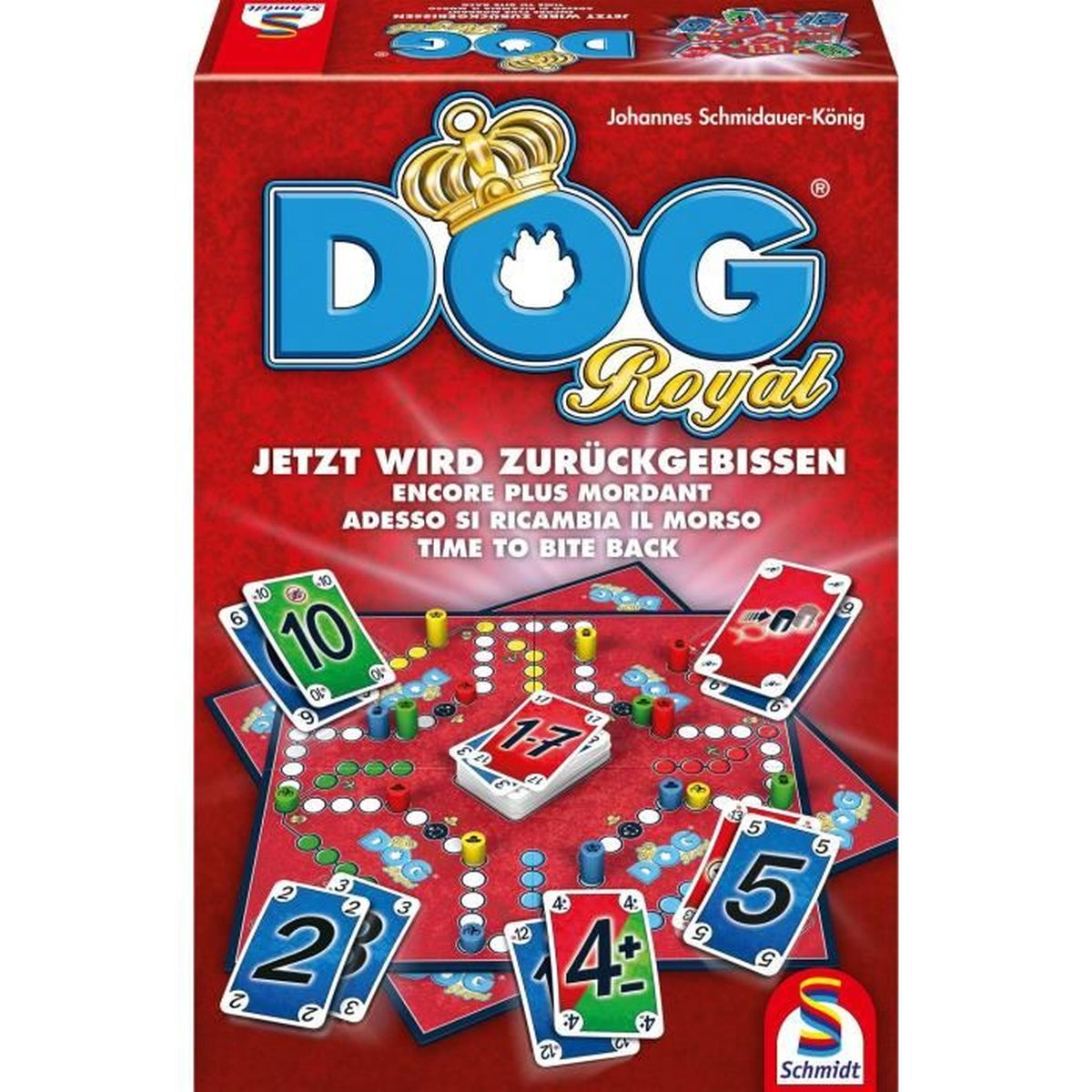 Die Schachtel des Brettspiels DOG Royal, mit Karten und Spielbrett sichtbar.