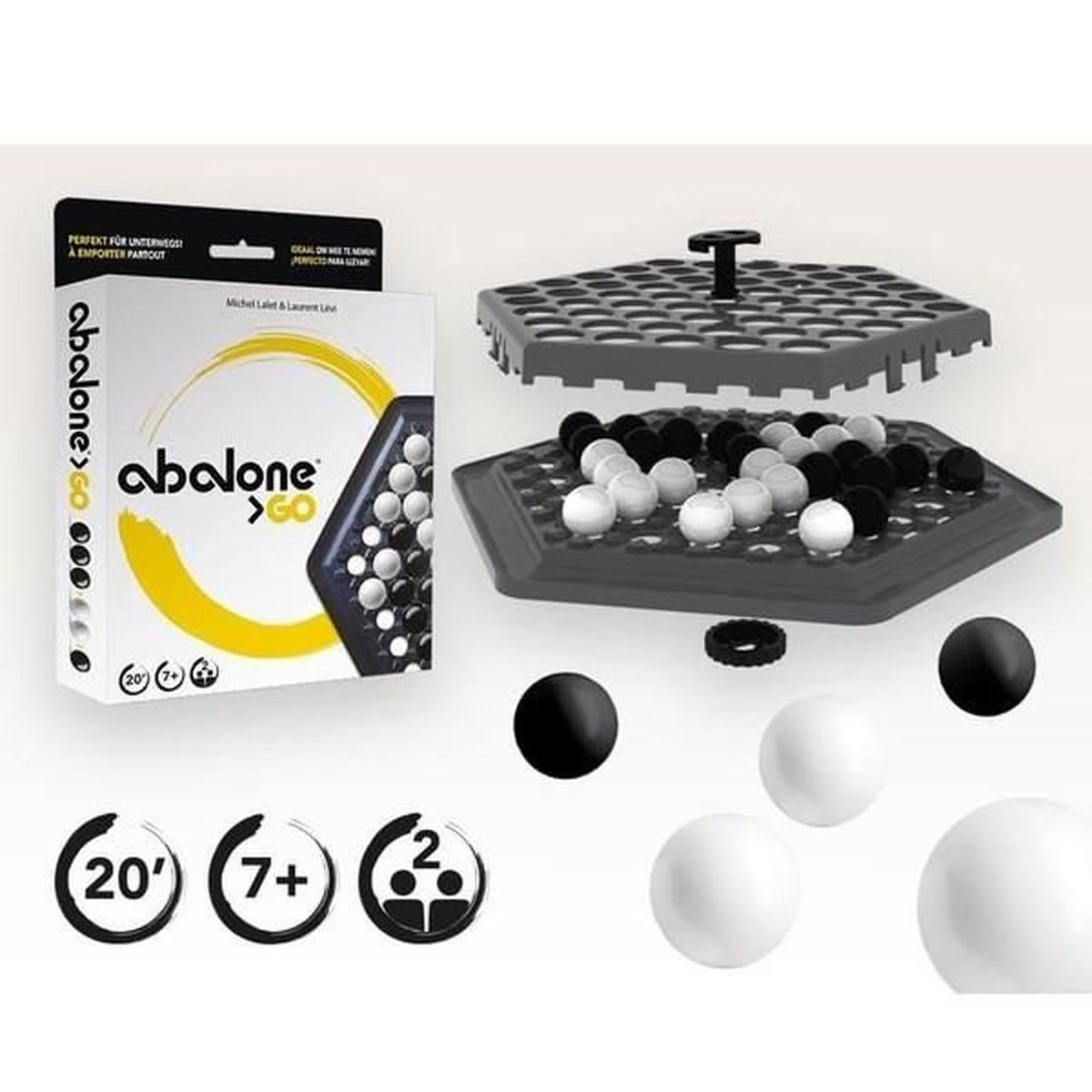 Abalone Go-Spielset mit Schachtel, Spielbrett, schwarzen und weißen Murmeln und Spielsteinen. Das Spielset befindet sich auf weißem Hintergrund.