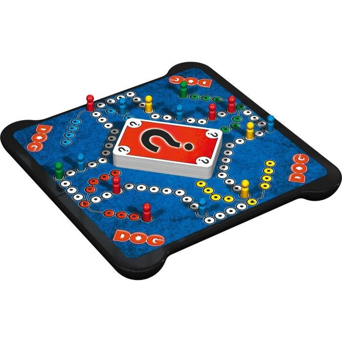 Ein Dog-Brettspiel mit farbigen Stiften und einem Kartendeck mit einem Fragezeichen darauf. Das Brett ist blau.