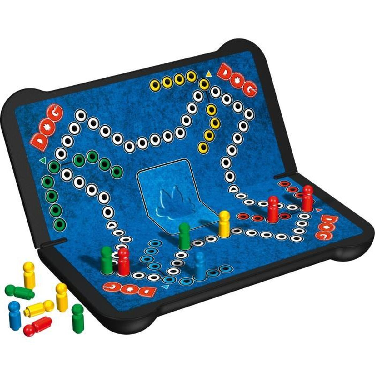 Ein Dog-Brettspiel. Ein blaues Spielbrett mit farbigen Figuren und dem Wort 'DOG'. Die Figuren sind rot, grün, gelb und blau.