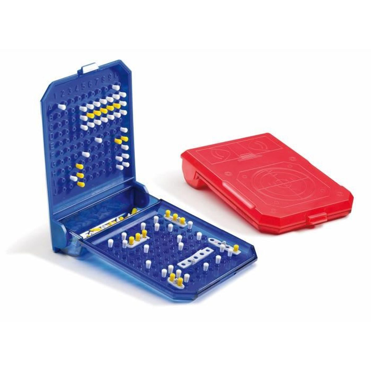 Un tabellone di gioco blu aperto con pioli bianchi e gialli e un tabellone di gioco rosso chiuso.