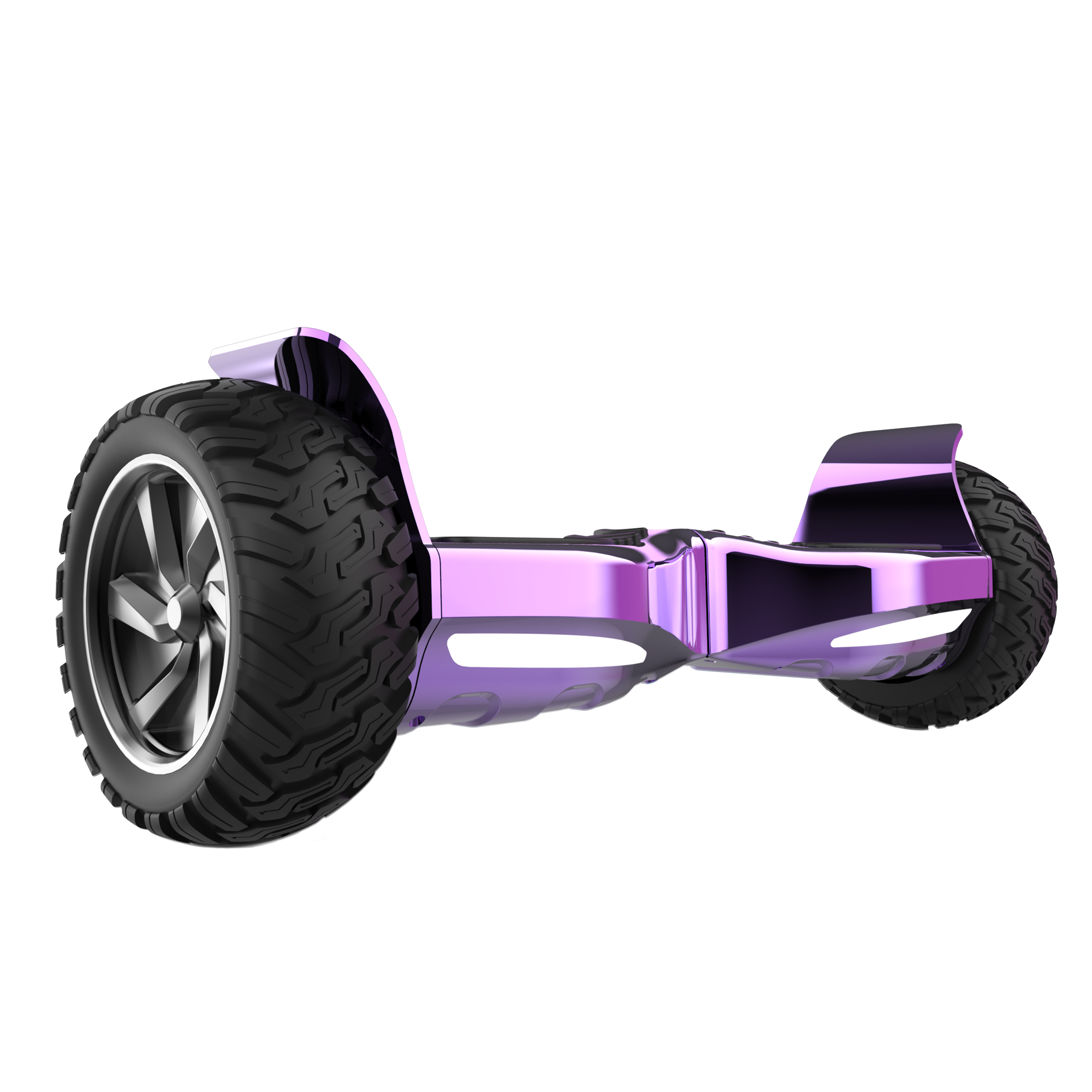 Ein pinkfarbenes Hoverboard, Seitenansicht, auf weißem Hintergrund. Mit großen schwarzen Reifen und glänzender Oberfläche.