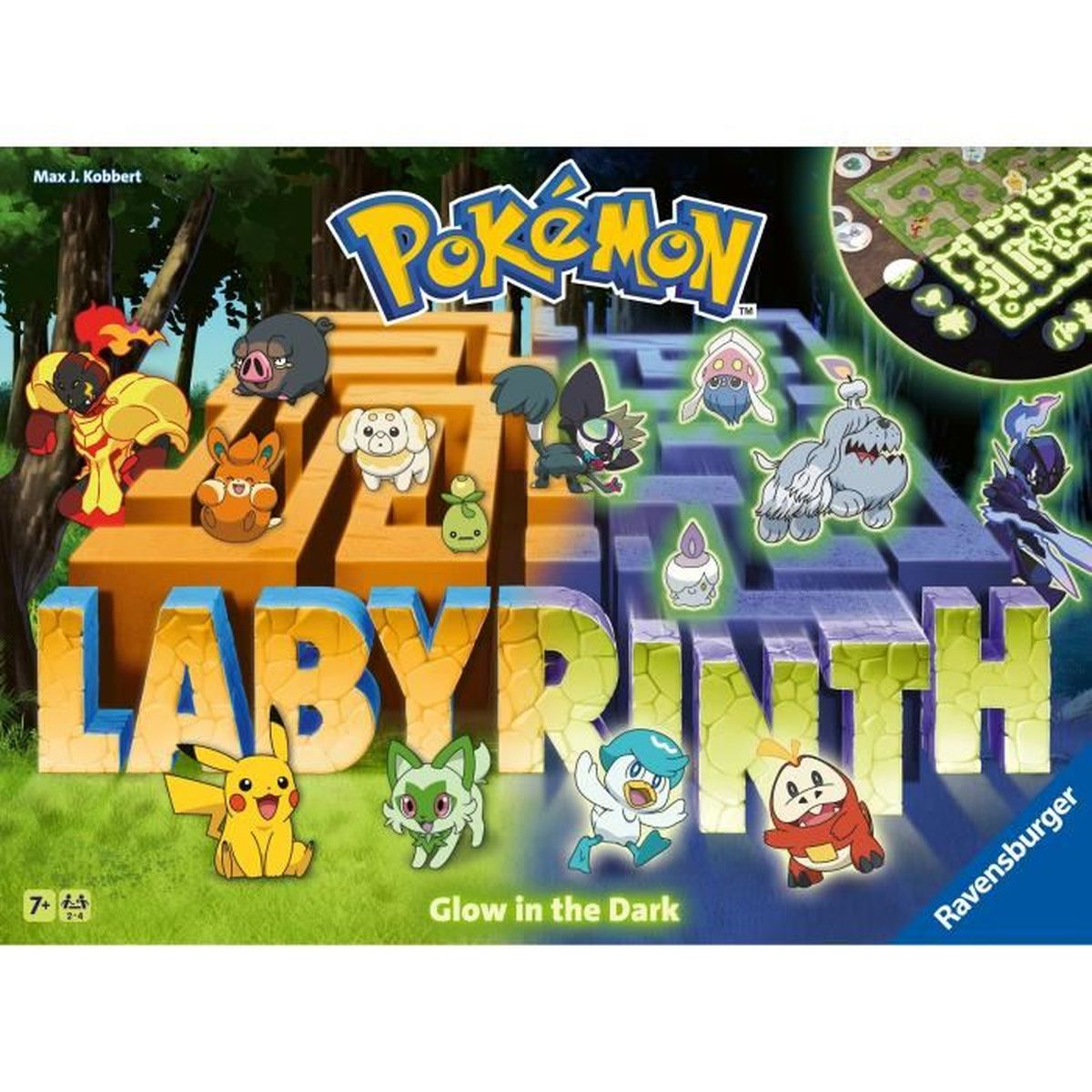 De Pokémon Labyrinth bordspeldoos. Met verschillende Pokémon-personages en de titel van het spel. De achtergrond is een doolhof.