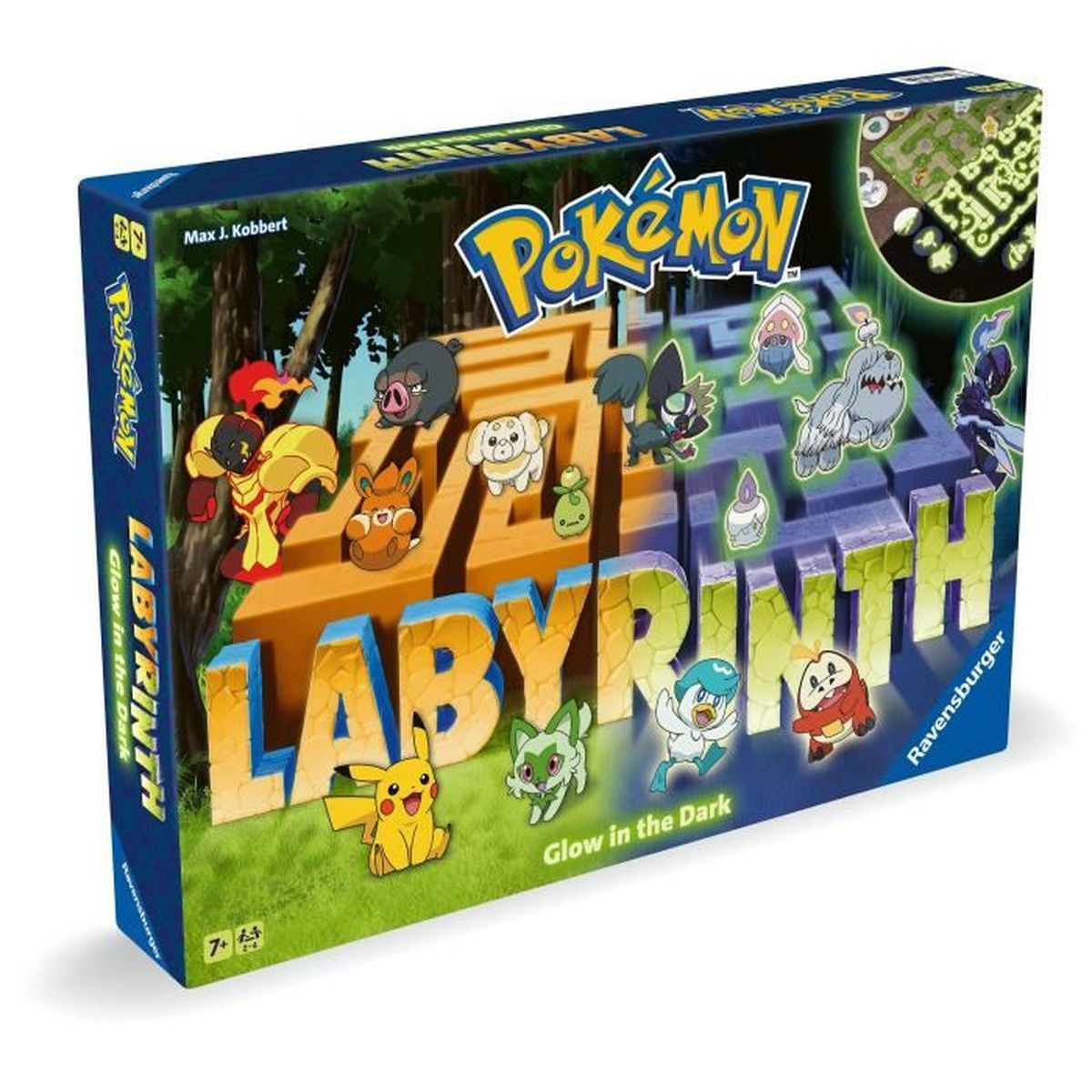 Een Pokemon Labyrinth speldoos. Het heeft een doolhofontwerp met Pokemon-personages en de tekst 'Glow in the Dark'.