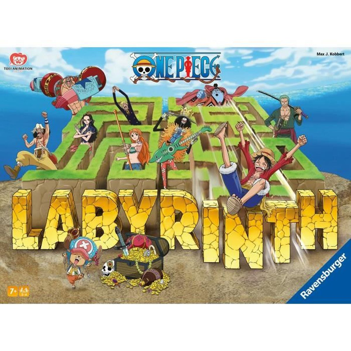 Gra planszowa One Piece Labyrinth. Postacie poruszają się po labiryncie. Skrzynia ze złotem na dole. Kolorowa scena.
