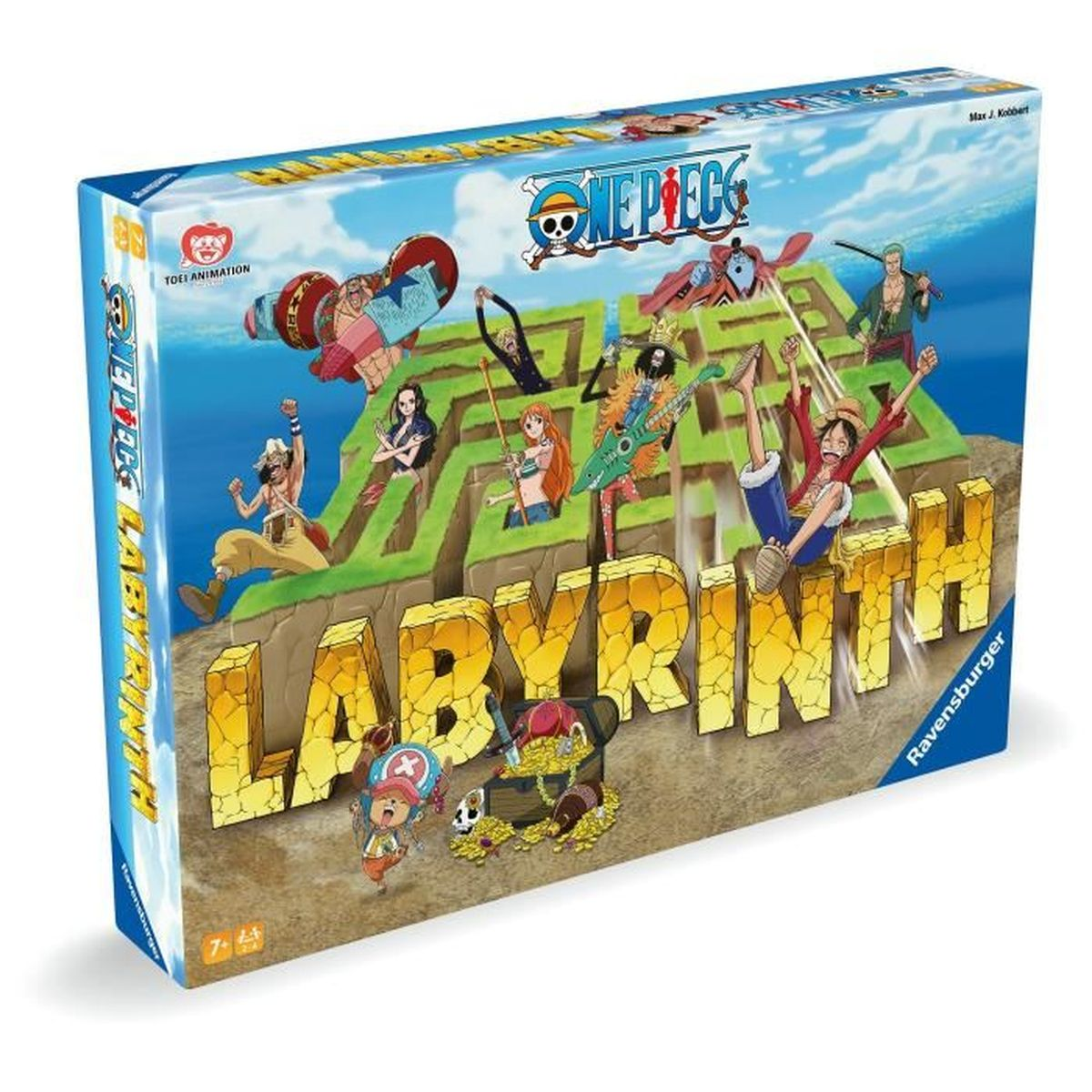 Pudełko gry One Piece Labyrinth. Postacie poruszają się po labiryncie. Tytuł 'Labyrinth' jest widoczny.