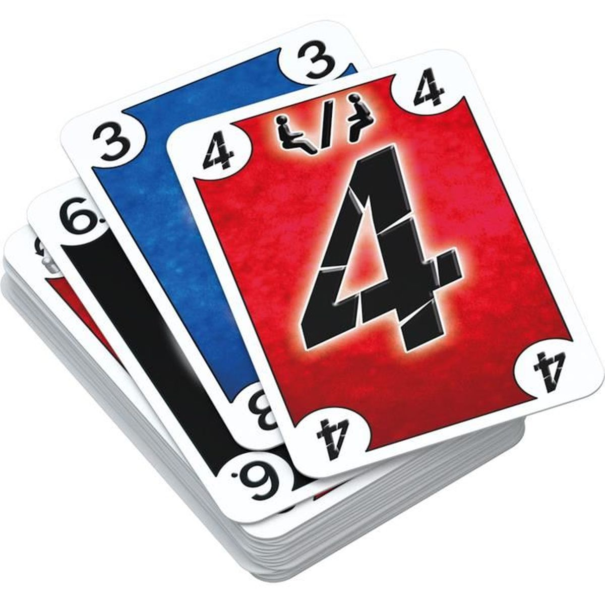 Talia kart z trzema górnymi widocznymi. Są czerwone, niebieskie i czarne. Widoczne są numery 3, 4 i 6.