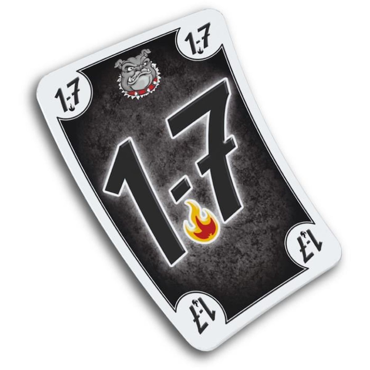 Karta z '1:7' dużą czcionką, logo buldoga i '1:7' w rogach. Obecna jest ikona płomienia. Tło jest ciemne.