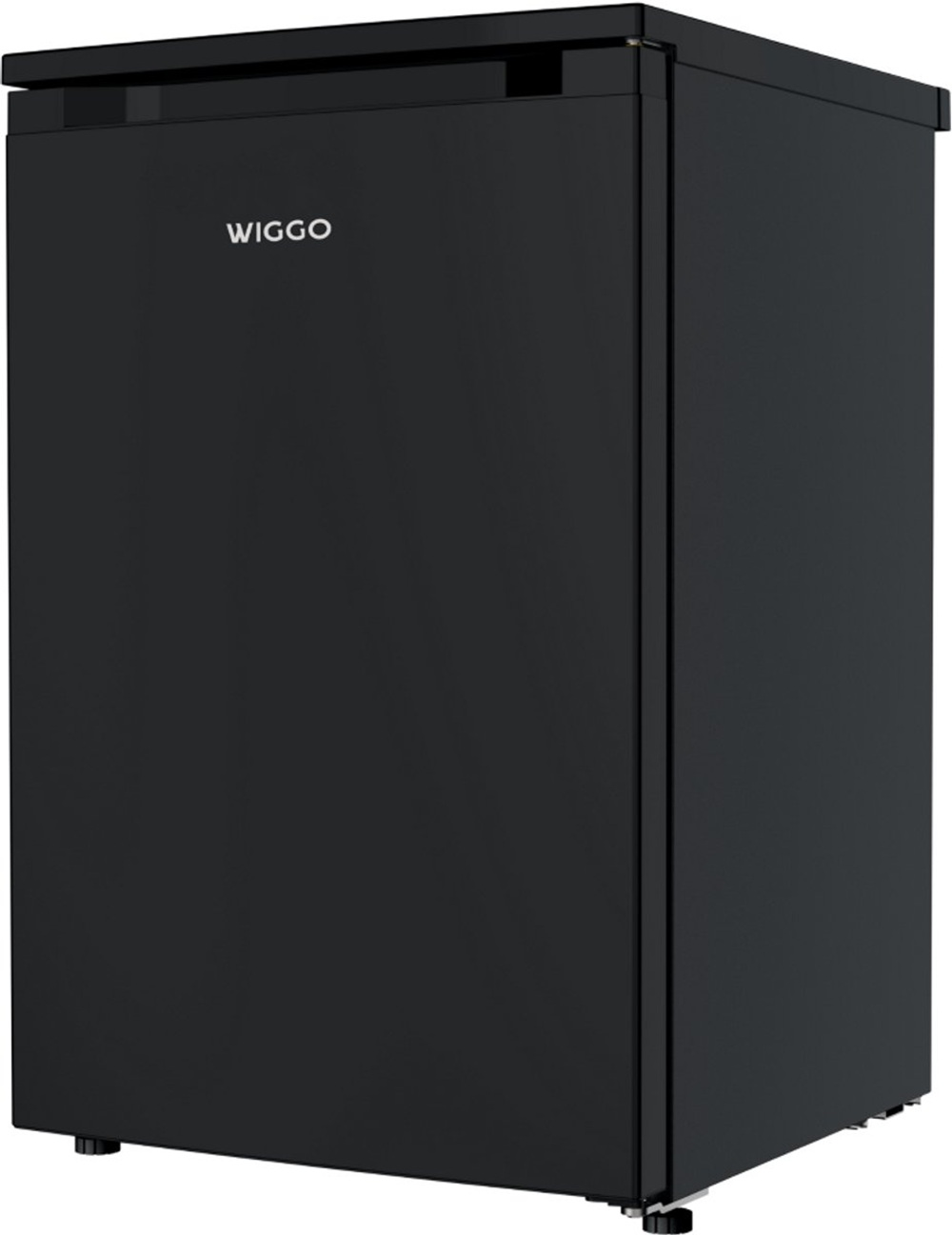 A black mini-refrigerator with the brand name 'WIGGO'. It has a simple design and is standing on a white background.