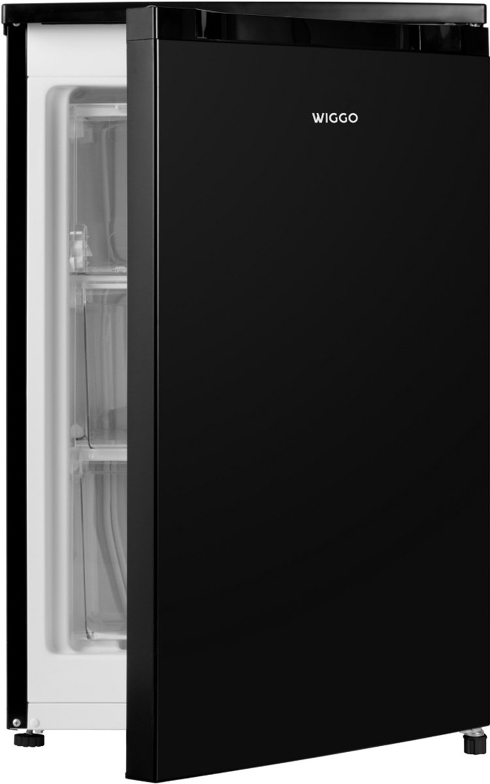 A black Wiggo refrigerator with the door ajar, revealing clear storage compartments. The fridge is on a white surface.