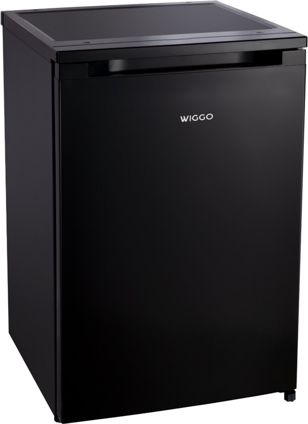 A black mini-fridge with the brand name "Wiggo" on the door. It has a flat top and a handle. The background is white.