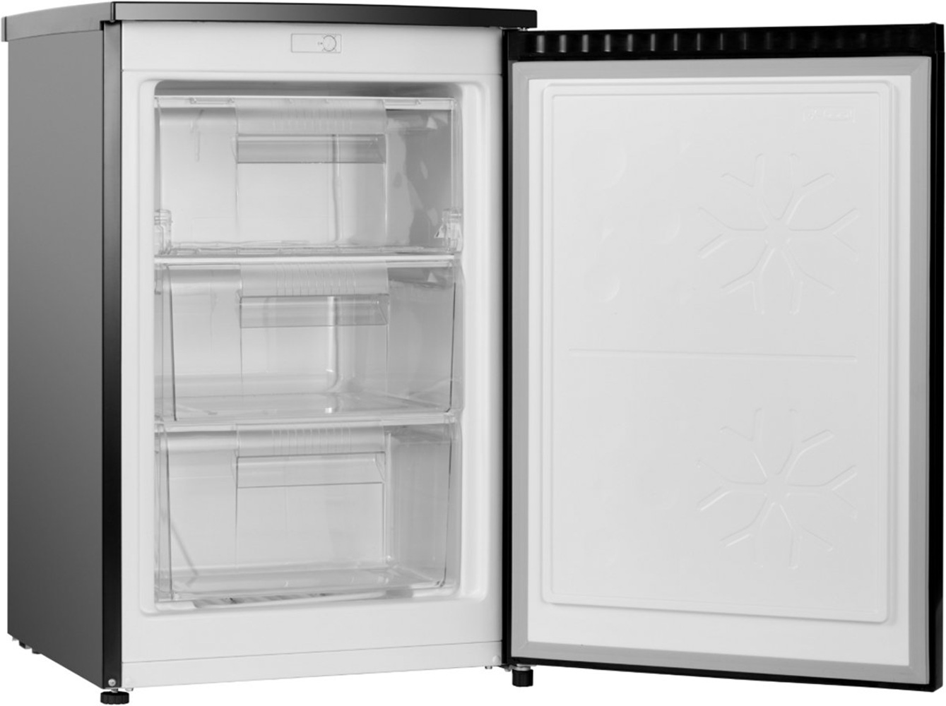 A small, open freezer with three clear drawers on the left and a white interior with snowflake designs on the right.