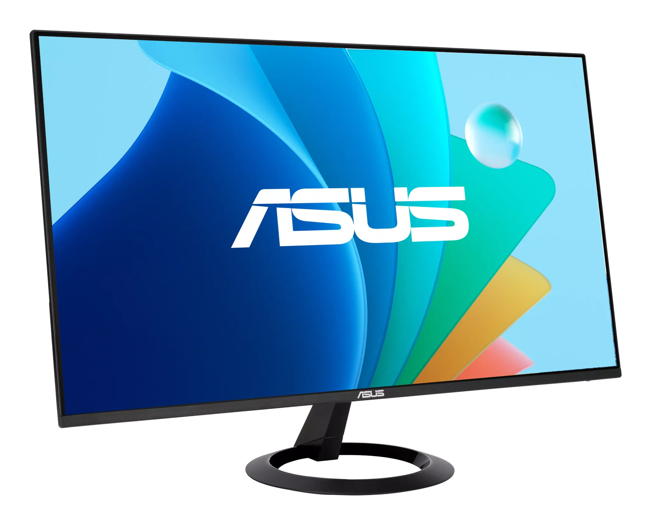 Monitor ASUS na białym tle. Ekran wyświetla kolorowy abstrakcyjny wzór i logo ASUS.