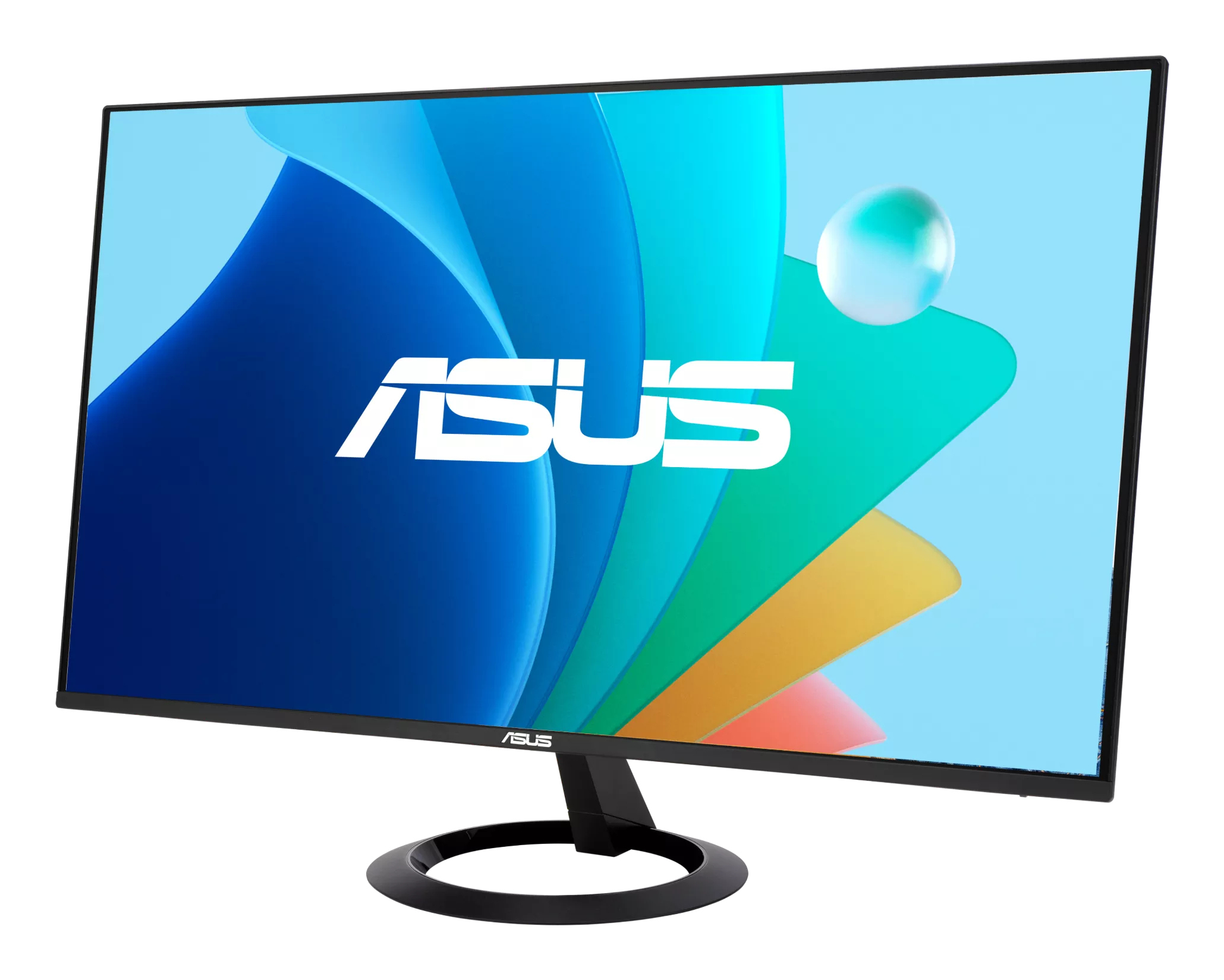 Monitor ASUS wyświetla kolorowy abstrakcyjny obraz z niebieskimi, zielonymi i żółtymi odcieniami. Logo ASUS jest widoczne na biało.