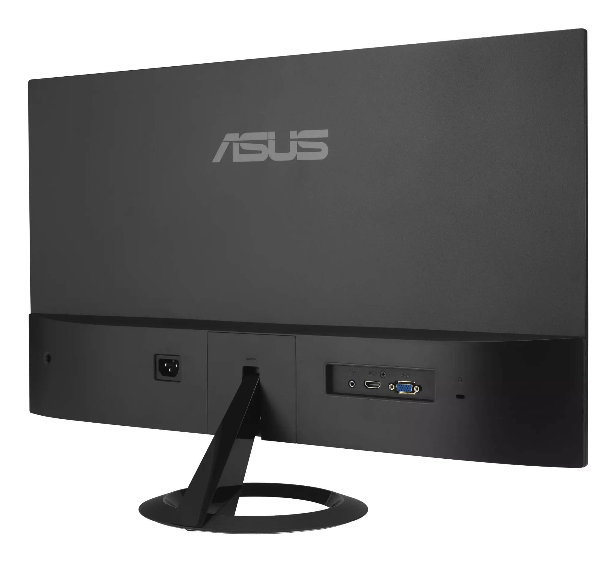 Widok z tyłu czarnego monitora ASUS. Widoczne porty i połączenia. Podstawa czarna i okrągła.