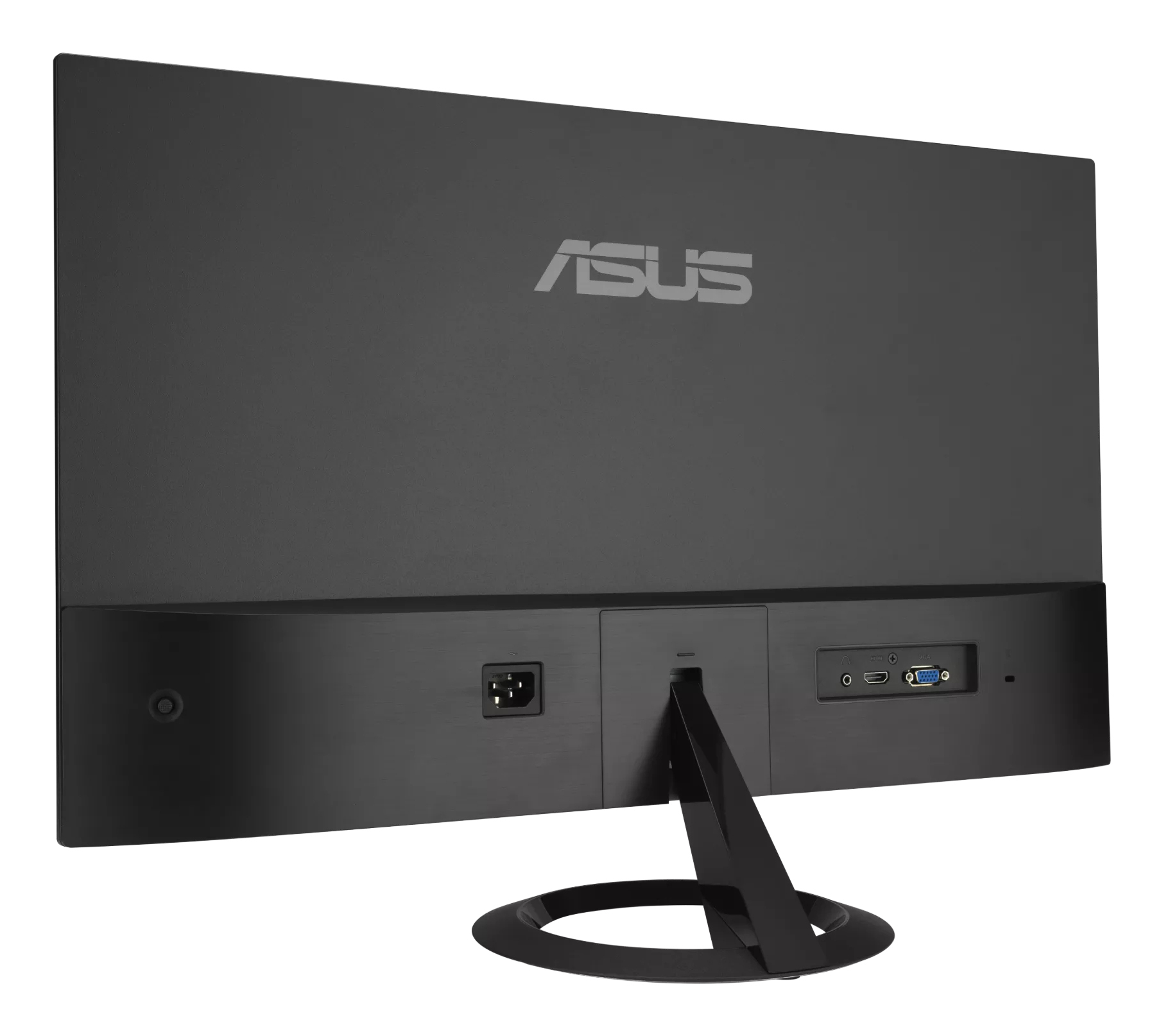 Widok z tyłu czarnego monitora ASUS. Ma porty, stojak i logo marki. Port zasilania znajduje się po lewej stronie.