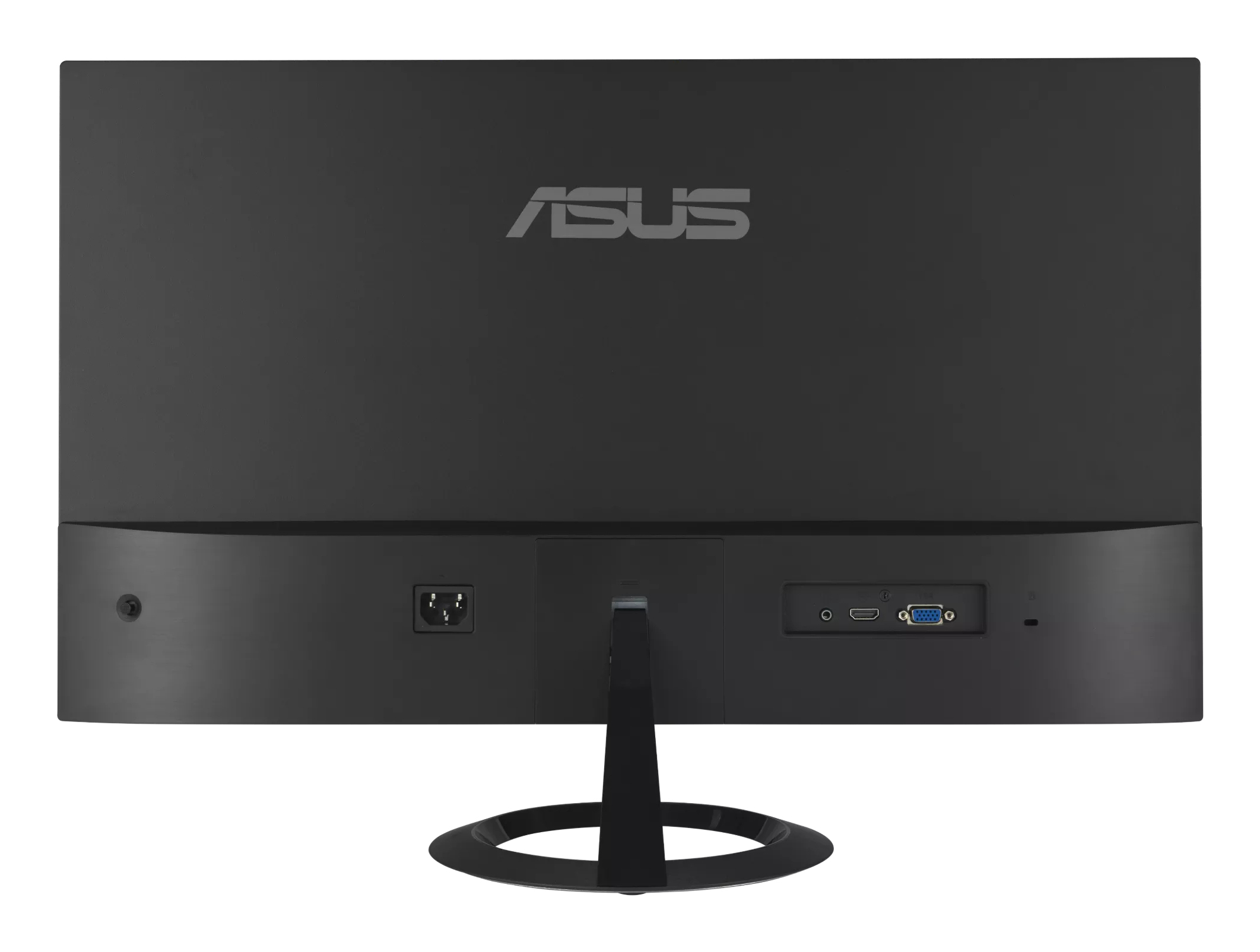 Tył czarnego monitora ASUS. Posiada porty, wejście zasilania i podstawę.