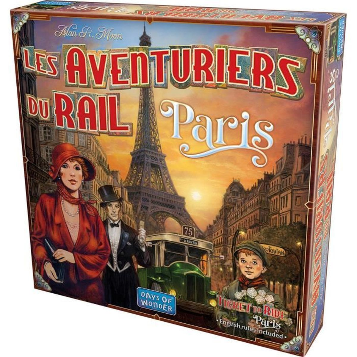 Schachtelkunst für ein Brettspiel 'Ticket to Ride Paris'. Zeigt Eiffelturm, Menschen in Vintage-Kleidung und einen grünen Bus.