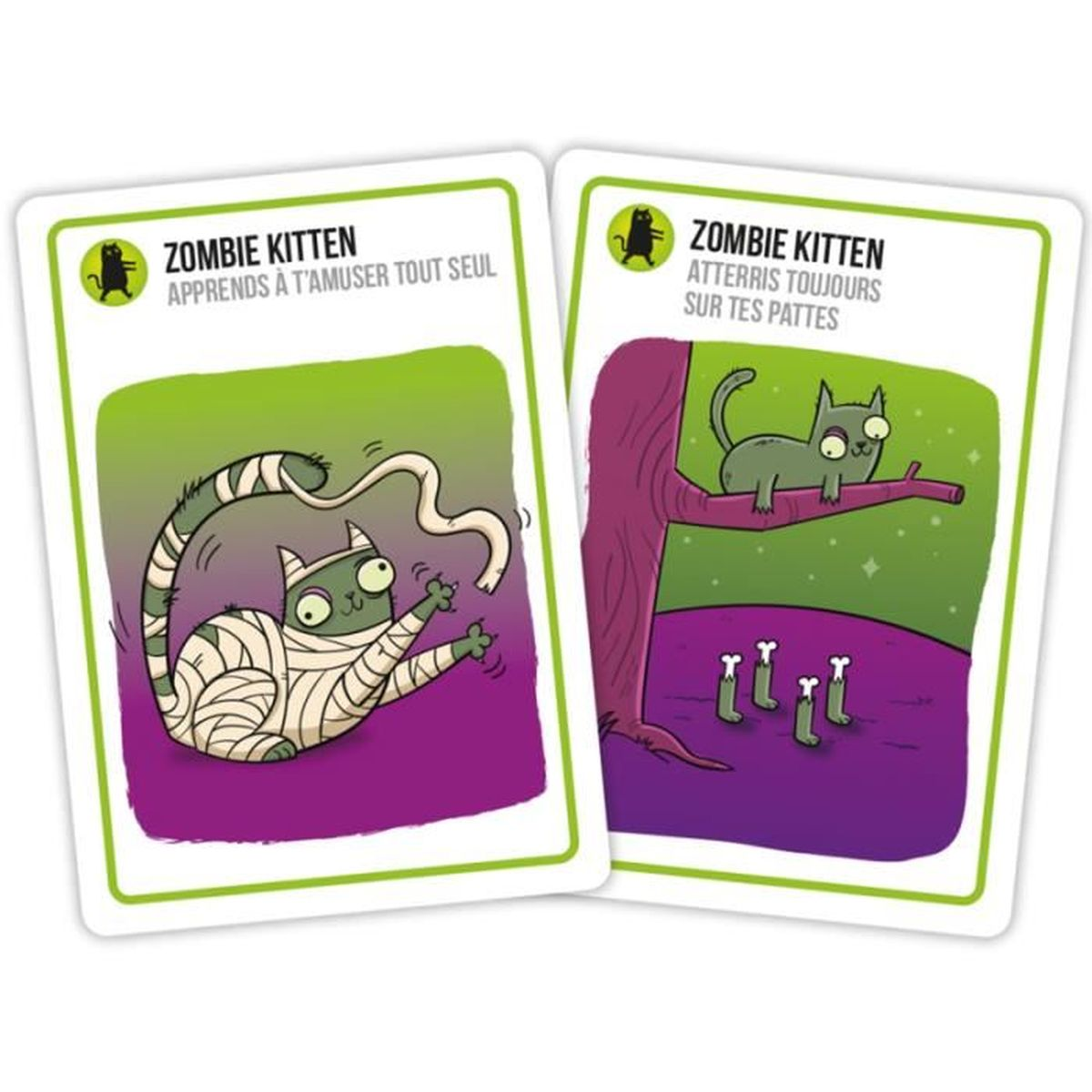 Zwei Karten mit Zombie-Kätzchen. Eine Karte zeigt eine Mumienkatze, die andere eine Katze auf einem Ast. Hintergründe sind lila und grün.