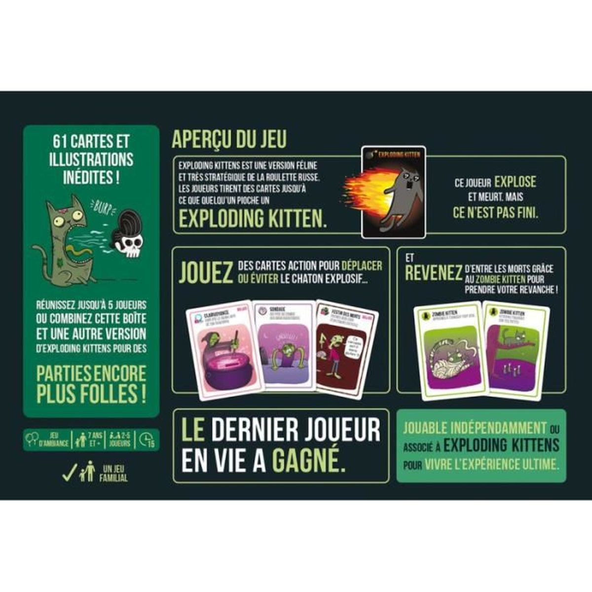Exploding Kittens Brettspielbox mit Text, Illustrationen von Katzen, Karten und Spielanweisungen.