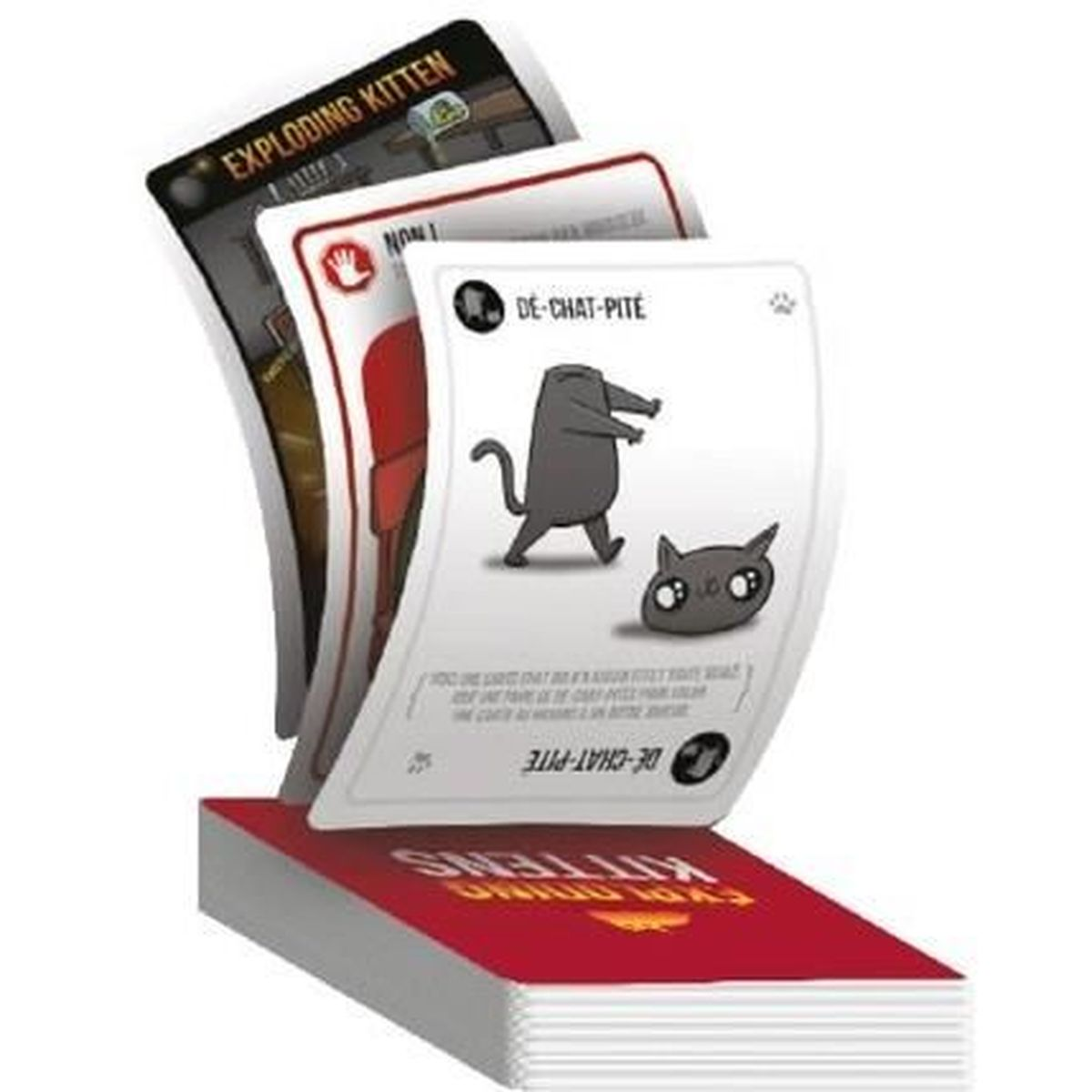 Ein Kartenspiel mit dem Titel 'Exploding Kittens'. Karten zeigen Zeichentrickkatzen. Das Deck ist rot mit dem Spieltitel in Weiß.