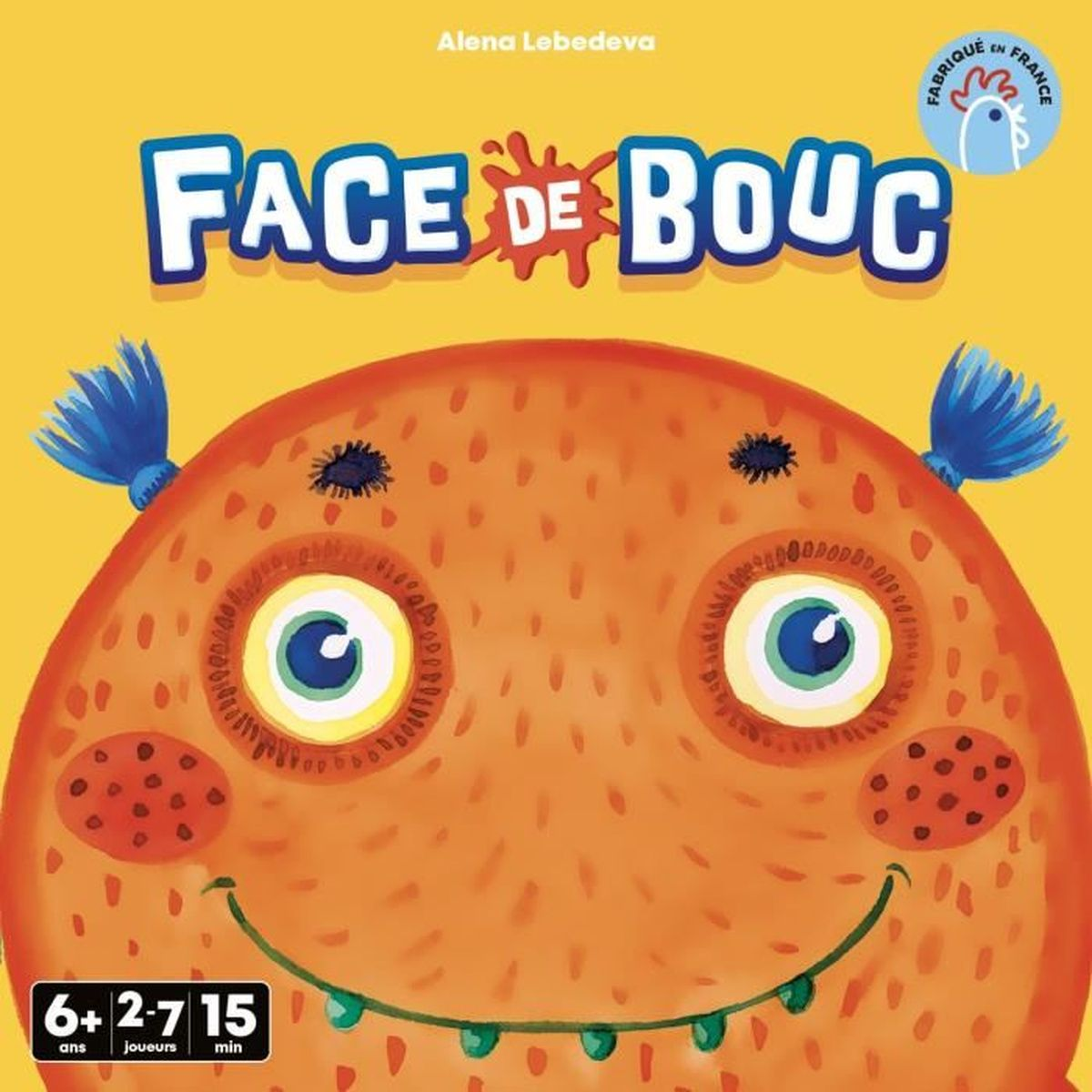 Das Spiel 'Face de Bouc' Cover. Ein orangefarbenes Monster mit blauen Haaren. Text und Logo auf gelbem Hintergrund. Hergestellt in Frankreich.