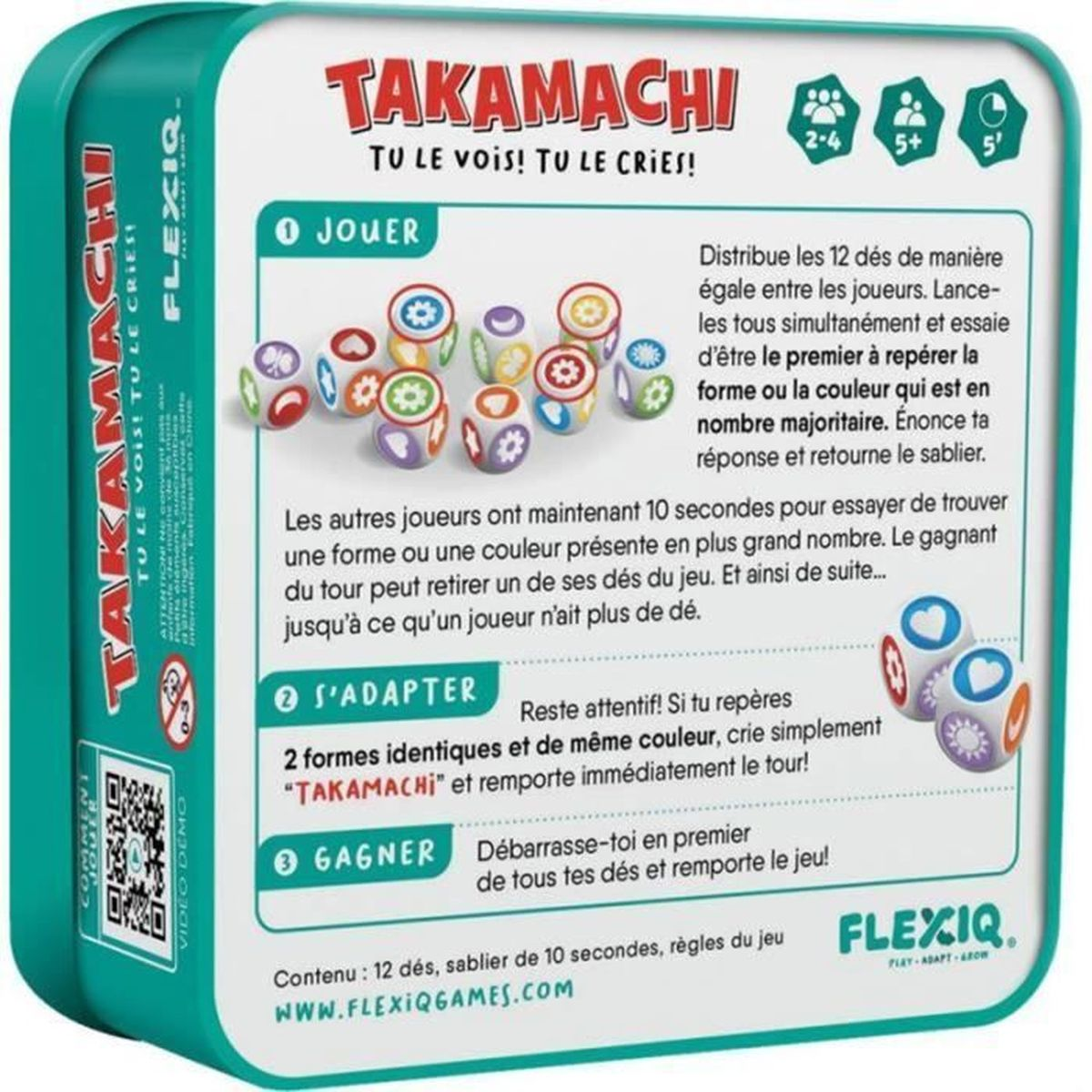 Spielbox mit Würfeln und Anweisungen. Text sagt 'TAKAMACHI' und 'FLEXIQ'.