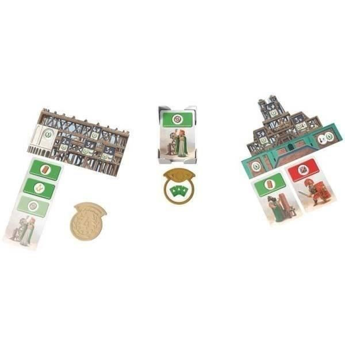 Board game components are arranged, including cards, tokens, and miniature buildings. The components are set against a white background.