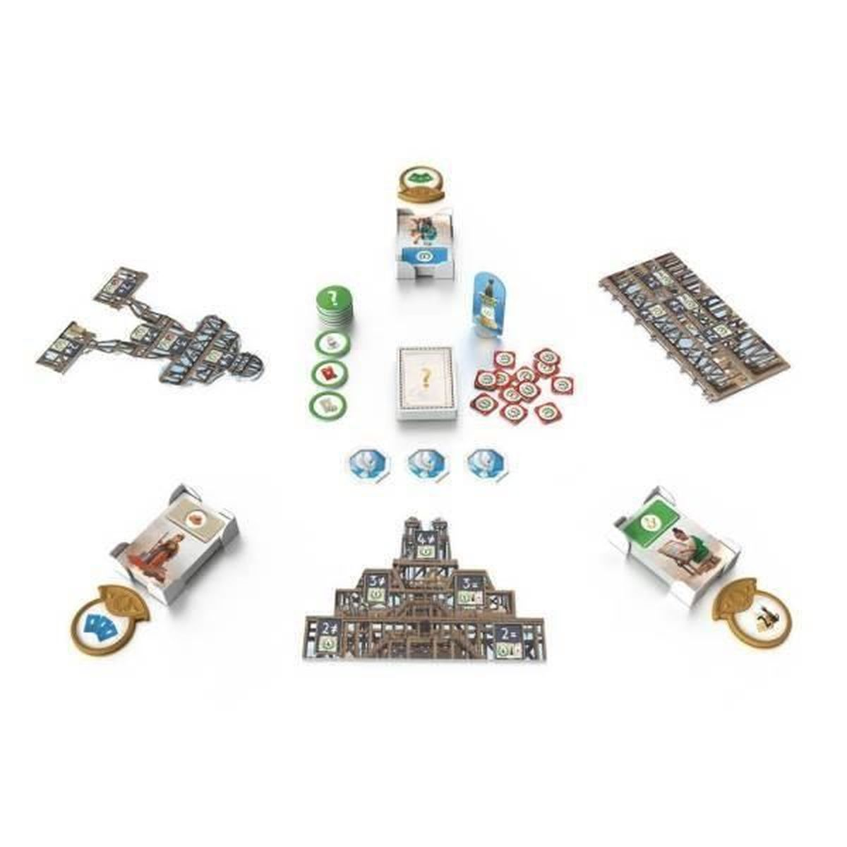 Board game components are arranged on a white surface. The components include cards, tokens, and miniature building structures.
