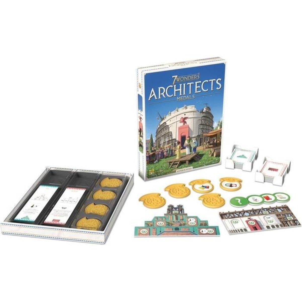 The 7 Wonders Architects board game box and components are displayed, including cards, tokens, and a game board.