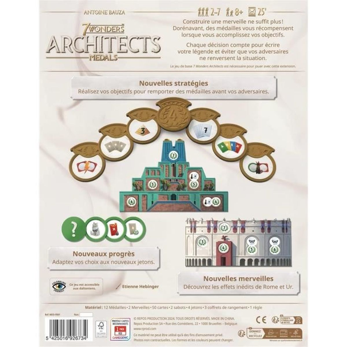 Board game box with text and images of game pieces, including medals, buildings, and cards.
