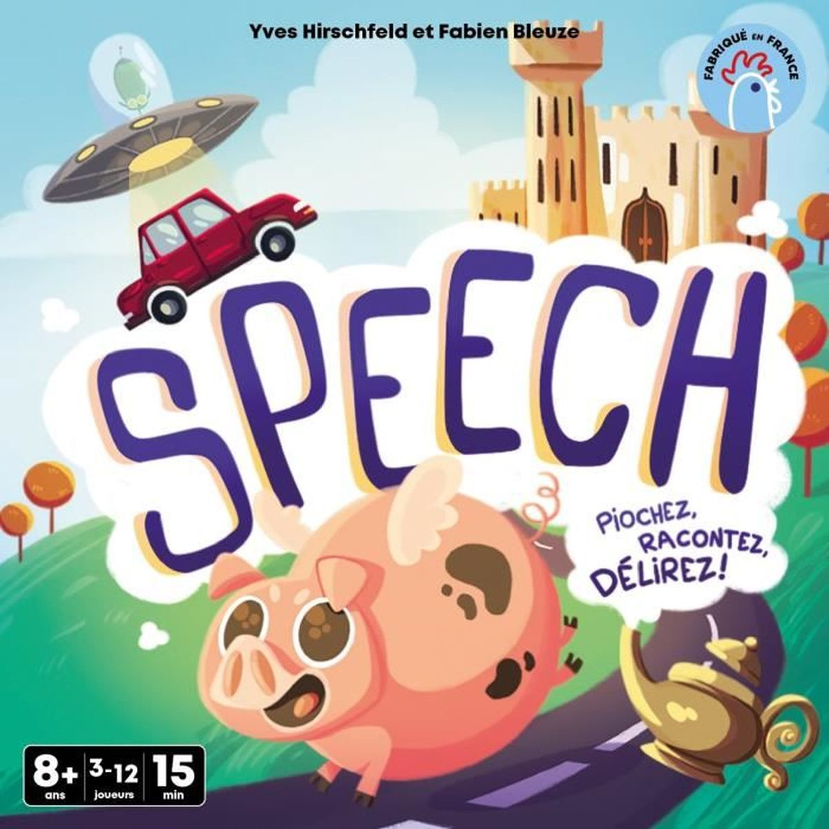 Ein Spielcover mit fliegendem Schwein, Auto und UFO. Das Wort 'SPEECH' ist groß. Burg, Bäume und eine Wunderlampe sind ebenfalls vorhanden.
