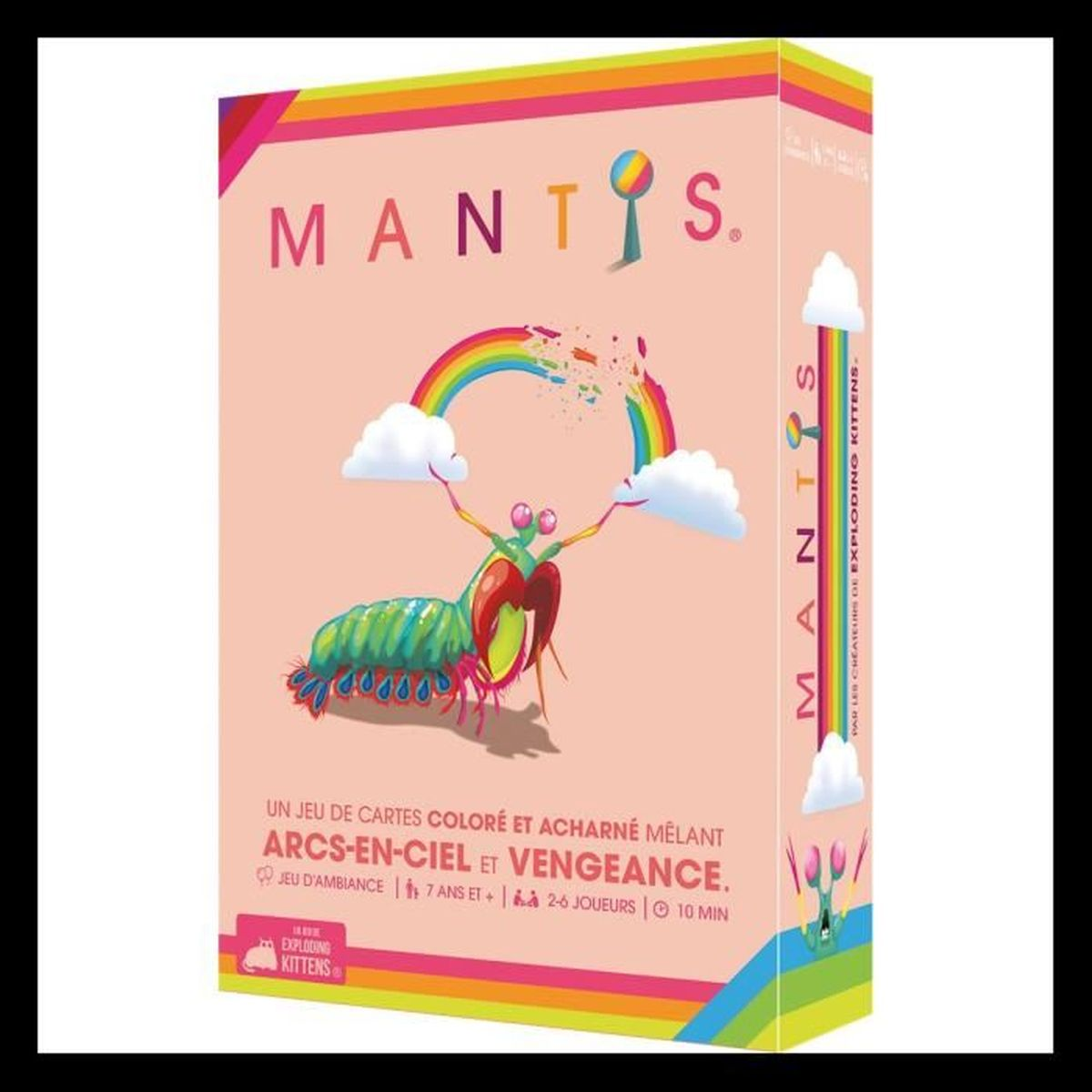 Die Spielbox zeigt eine grüne Mantis mit Regenbogen, Wolken und Text. Der Hintergrund ist rosa und der Text lautet 'Mantis'.
