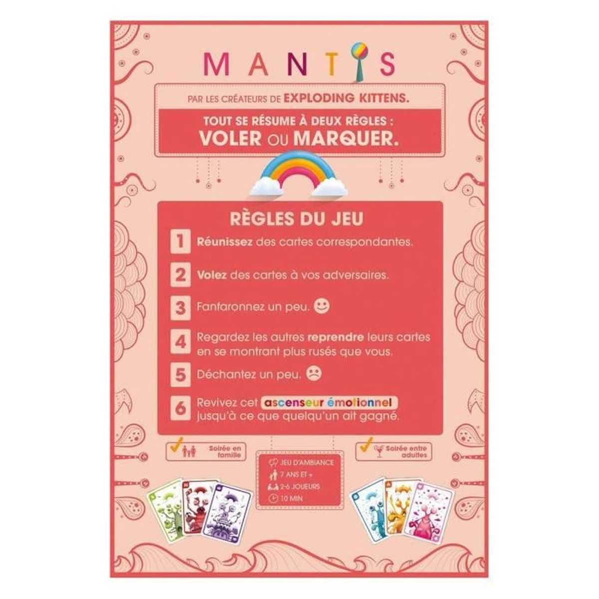 Poster mit Spielanweisungen, Regeln, Regenbogen und Kartenillustrationen. Enthält Spieletitel und Altersangabe.