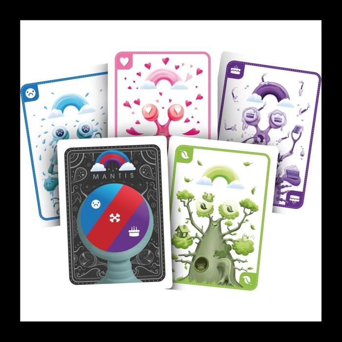 Fünf farbenfrohe Spielkarten werden angezeigt. Jede Karte zeigt ein anderes Design, darunter Regenbögen, Bäume und abstrakte Figuren, mit unterschiedlichen Farbschemata.