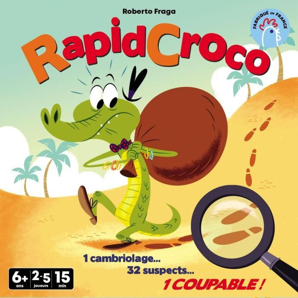 Cartoon Krokodil mit Tasche, Schmuck tragend, geht auf Sand. Lupe zeigt Fußabdrücke. Text: 'Rapid Croco'.