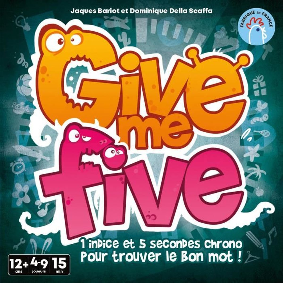 Das Bild zeigt eine Spielbox. Es hat die Worte Give me five in großen orangefarbenen und rosa Buchstaben. Enthält Text über das Spiel.