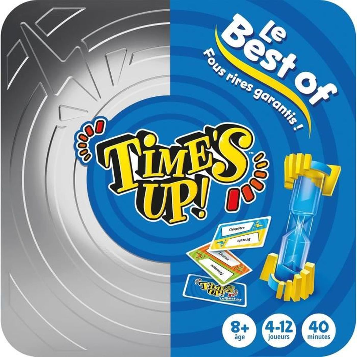 Die Schachtel für das Brettspiel 'Times Up'. Sie hat das Logo, einen Timer, Karten mit Wörtern und Alters-/Spieler-/Zeitangaben.