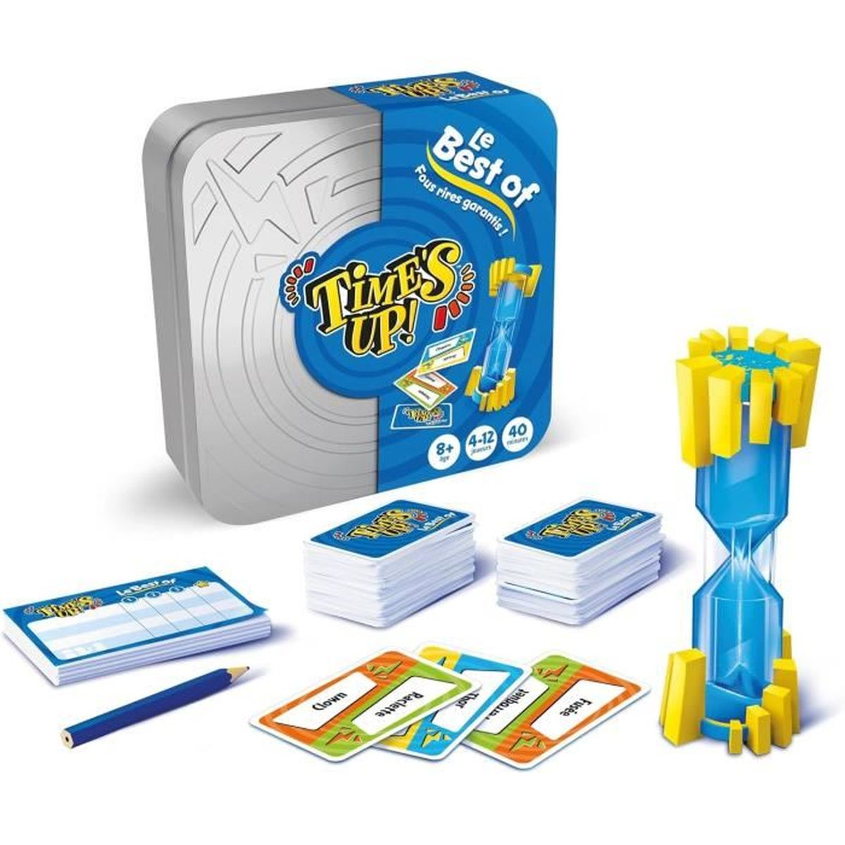 Ein Times Up! Spielset. Enthält eine Box, Karten, eine Sanduhr, einen Notizblock und einen Bleistift. Das Spiel ist für 4-12 Spieler, ab 8 Jahren.