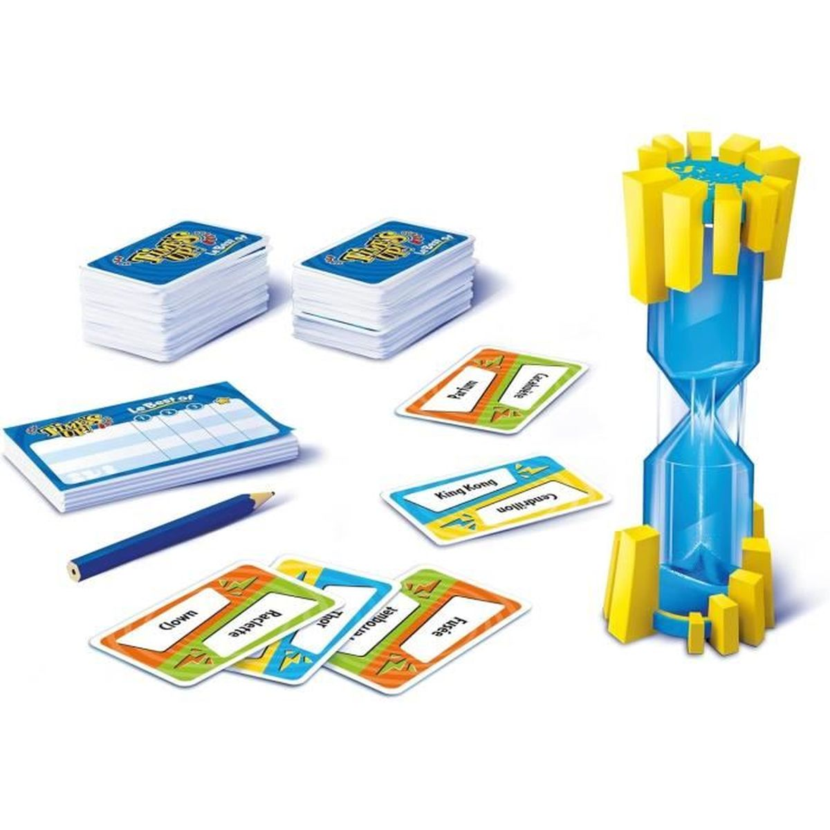 Brettspiel-Set mit Karten, Timer, Notizblock und Bleistift. Karten haben Wörter. Die Sanduhr ist blau und gelb.