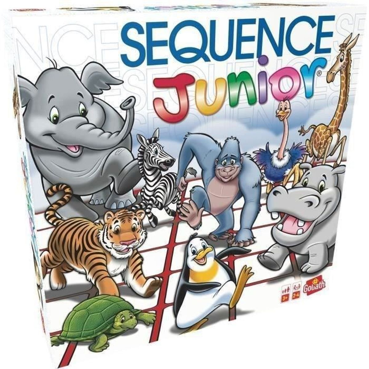 Een Sequence Junior bordspelbox met cartoon dieren: olifant, zebra, gorilla, tijger, pinguïn, schildpad, nijlpaard, giraf en struisvogel.