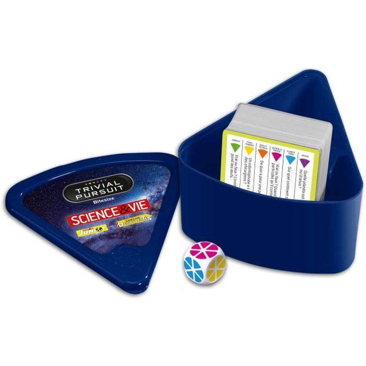 Trivial Pursuit Brettspielbox und Karten, ein Würfel, alles in Blau. Auf der Box steht Science & Vie.