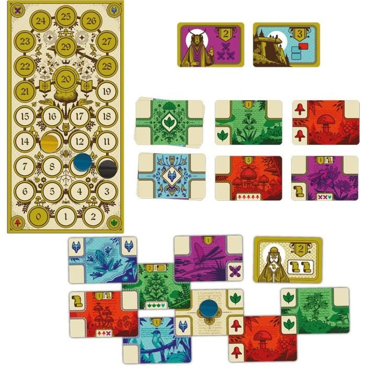 Ein Brettspiel mit Karten, die Illustrationen von Charakteren, Landschaften und Symbolen zeigen. Das Brett hat nummerierte Slots und Kreise.