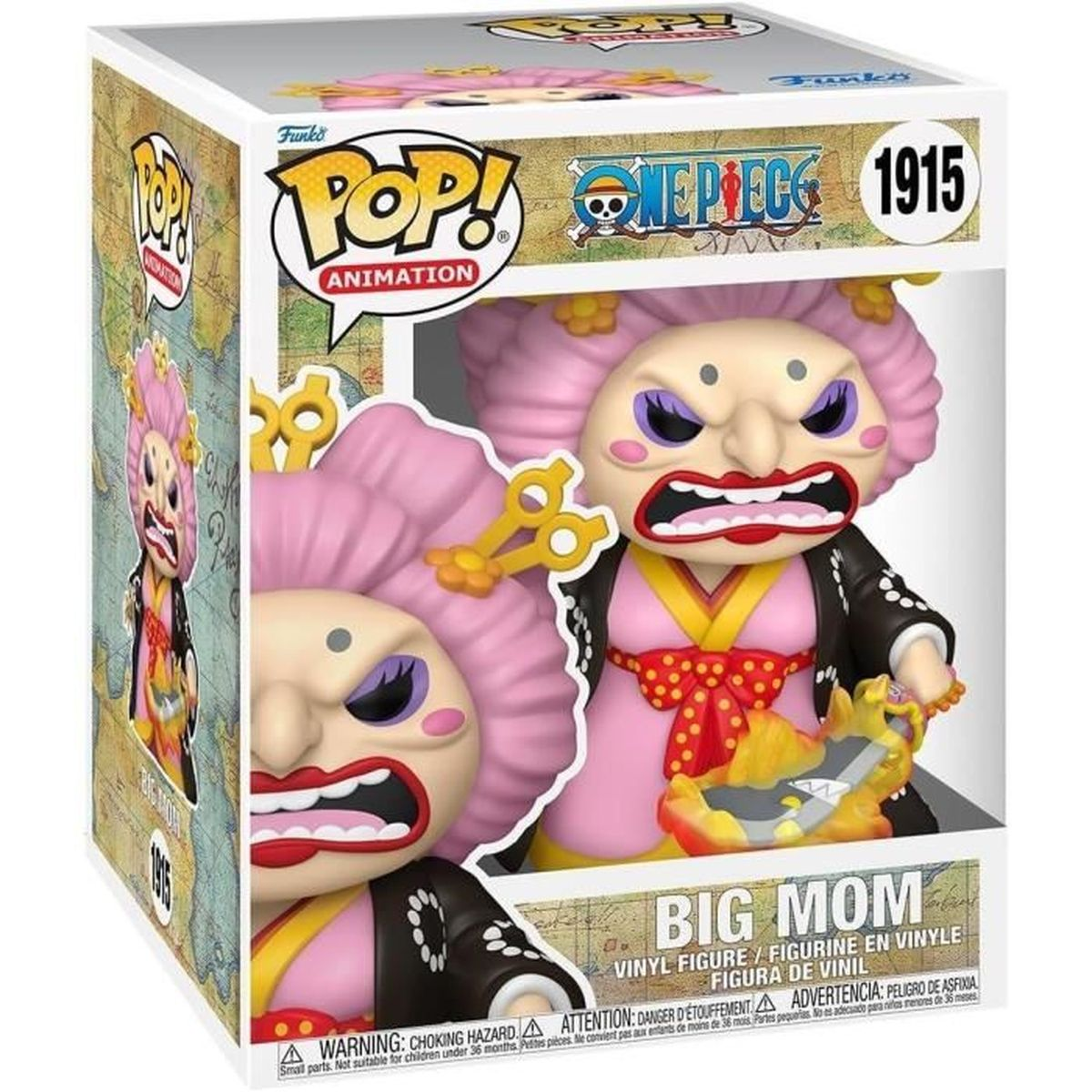 Pudełko Funko Pop z Big Mom z One Piece. Figurka ma różowe włosy, wściekłą twarz i różowo-czarny strój.