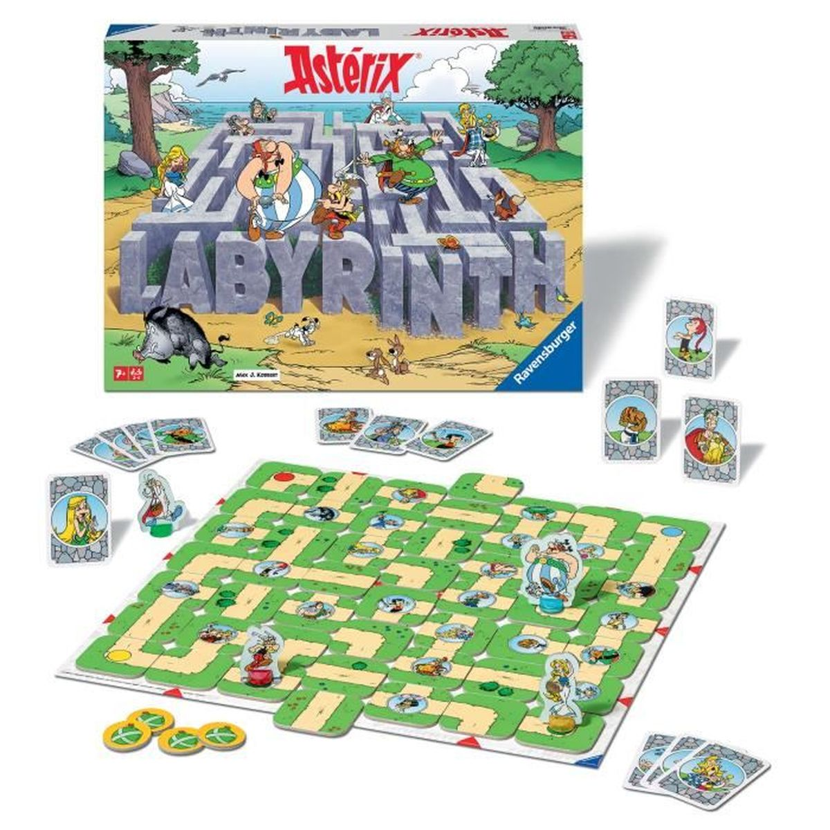 Gioco da tavolo Asterix Labyrinth. La scatola mostra personaggi in un labirinto. Sono visibili anche un tabellone, carte e gettoni.