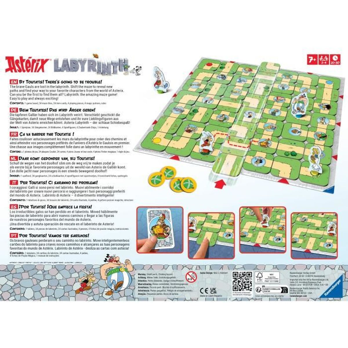 Gioco da tavolo 'Asterix Labyrinth' con pedine e carte. Asterix e Obelix sono sulla scatola.